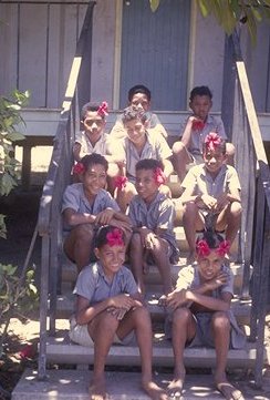 The boys from my class, most of them wearing hibiscus flowers.